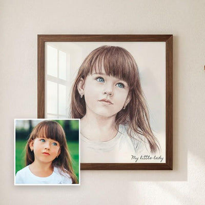 A framed custom pencil portrait of a young girl with the text 'My little lady' in the bottom right corner, displayed on a beige wall with a small color reference photo inset in the bottom left.