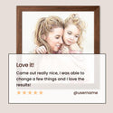 A framed artwork showing a woman and child hugging, with a large white text overlay in front that reads 'Love it! Came out really nice, I was able to change a few things and I love the results!' plus a star rating and @username. - Thumbnail 4