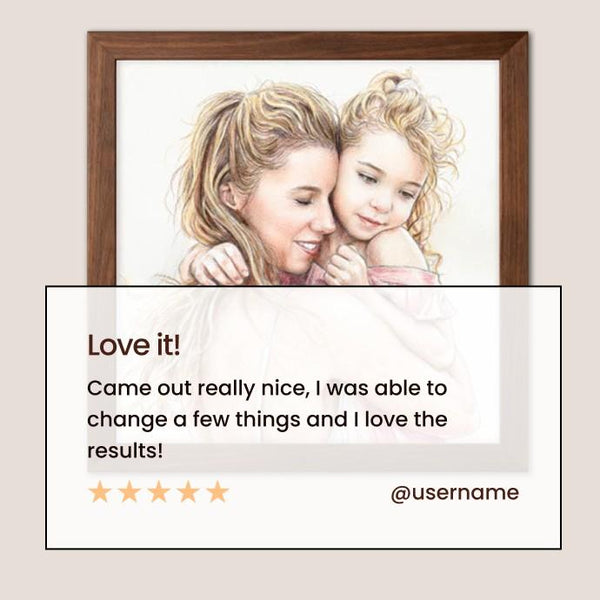 A framed artwork showing a woman and child hugging, with a large white text overlay in front that reads 'Love it! Came out really nice, I was able to change a few things and I love the results!' plus a star rating and @username. - Image 4