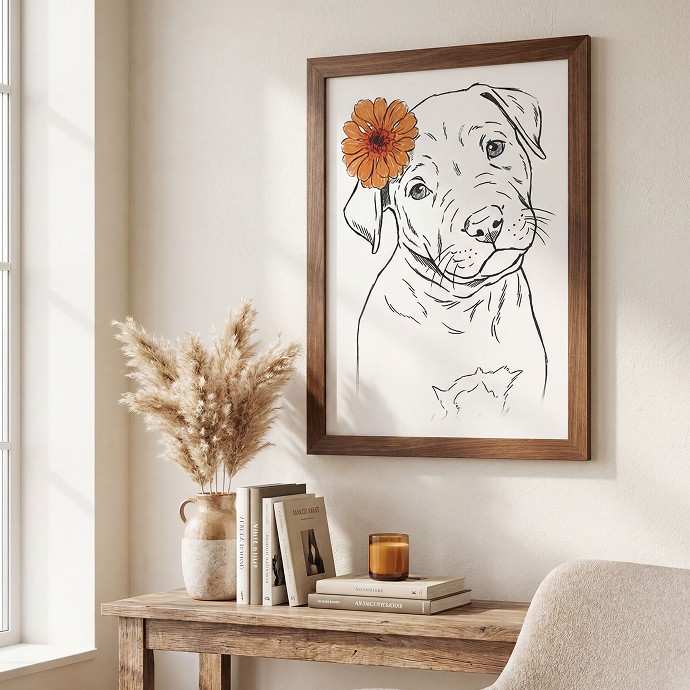 Framed artwork of a dog with a flower on a wall above a wooden table with decor items. - Image 2