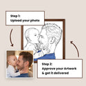A step-by-step illustration for a custom portrait service, showing a framed black-and-white sketch of a man and baby with text boxes reading 'Step 1: Upload your photo' and 'Step 2: Approve your Artwork & get it delivered,' plus a small sample photo in the lower left. - Thumbnail 3