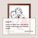 A framed custom illustration of a father and child with a translucent review overlay that reads 'Love it! Came out really nice, I was able to change a few things and I love the results!' with five stars and '@username'. - Thumbnail 4
