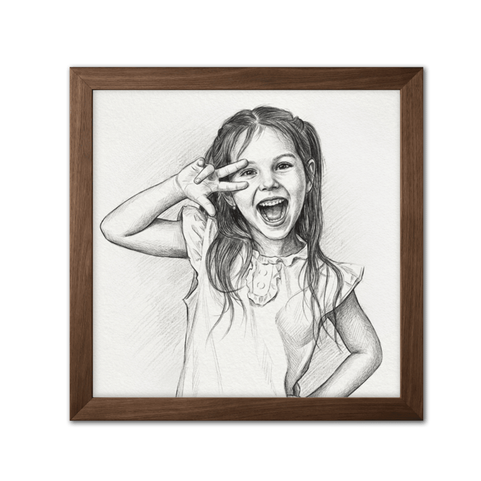 Framed black and white drawing of a young girl making a peace sign with her hand on a green background