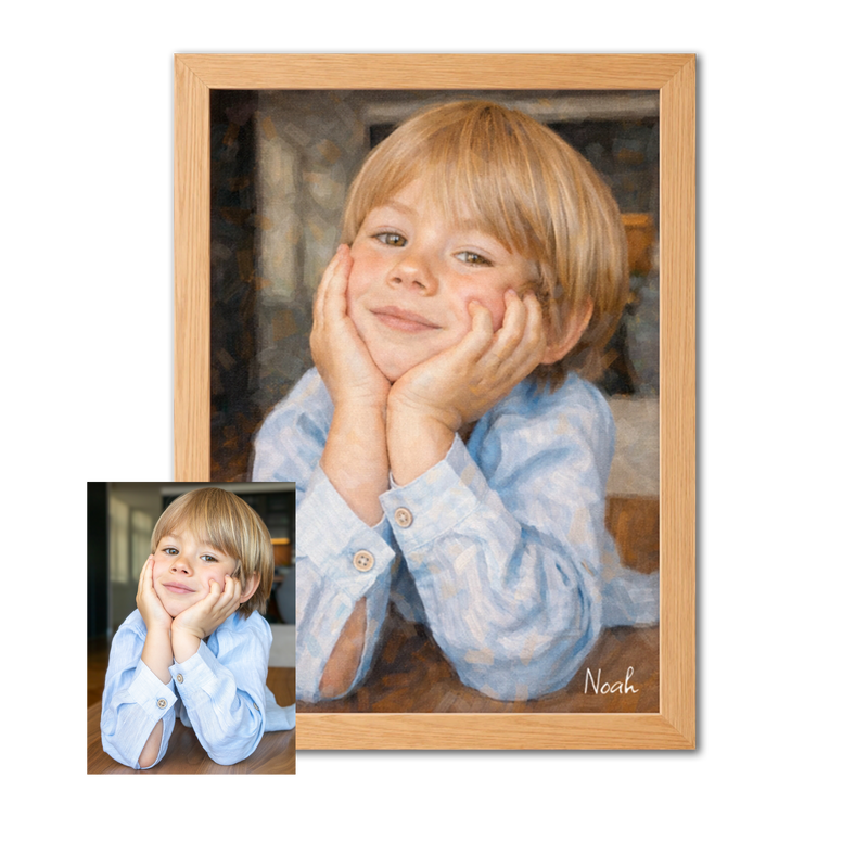 Framed oil portrait of a man and a young girl hugging, with 'The best dad' text on a white background.