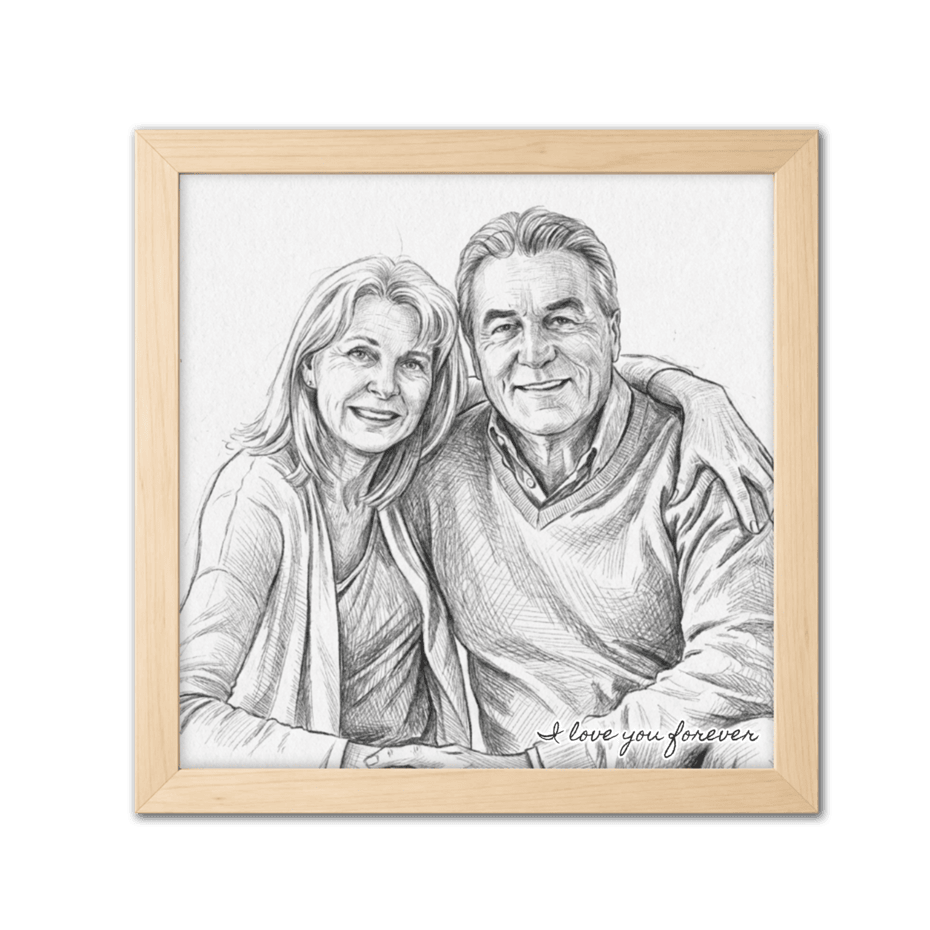 Framed black and white portrait of a couple with 'I love you forever' text on a white background