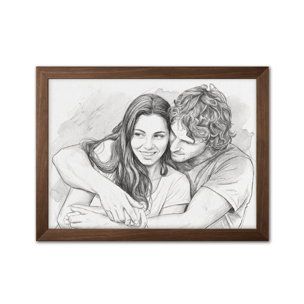 Framed black and white drawing of a couple embracing on a white background
