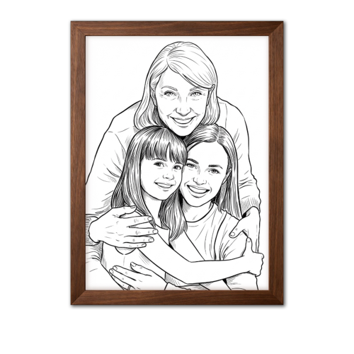Solid walnut wooden picture frame displaying a personalized sketch portrait of a mother and her two daughters.