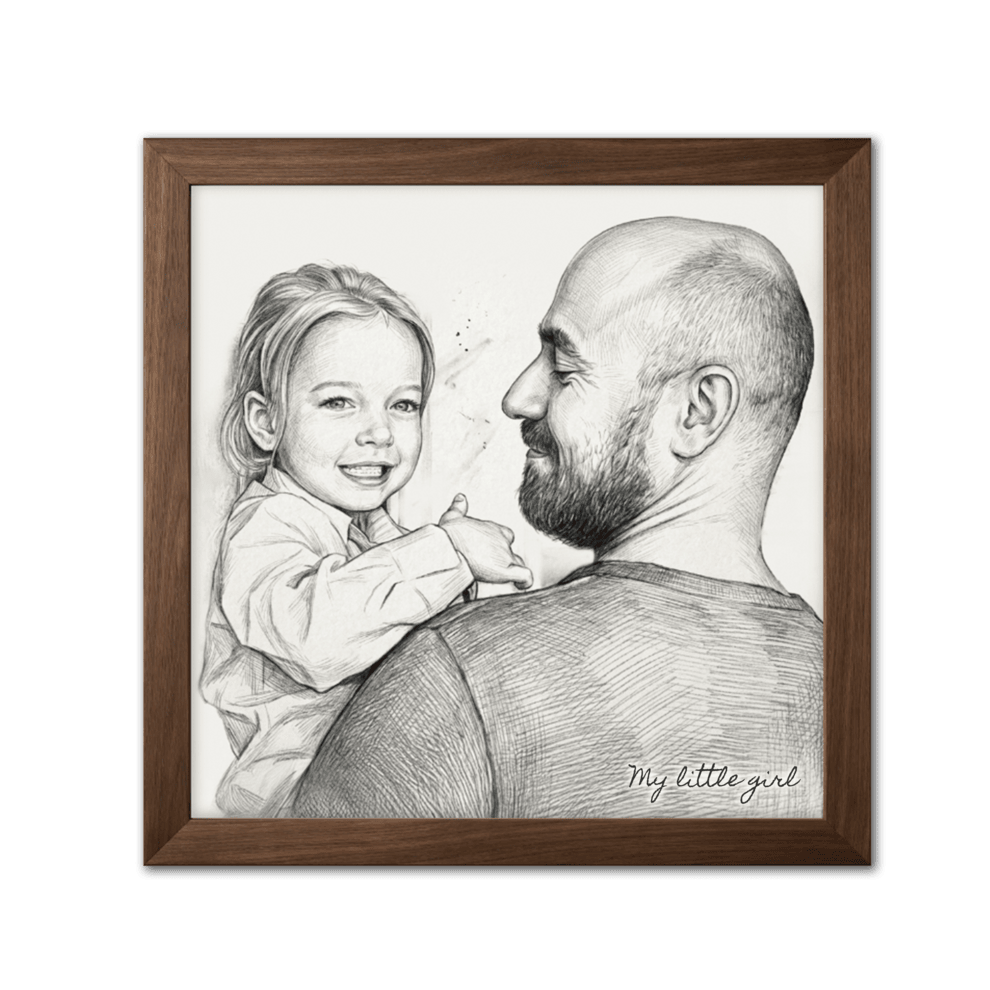 Framed black and white drawing of a father and daughter with 'My little girl' text.