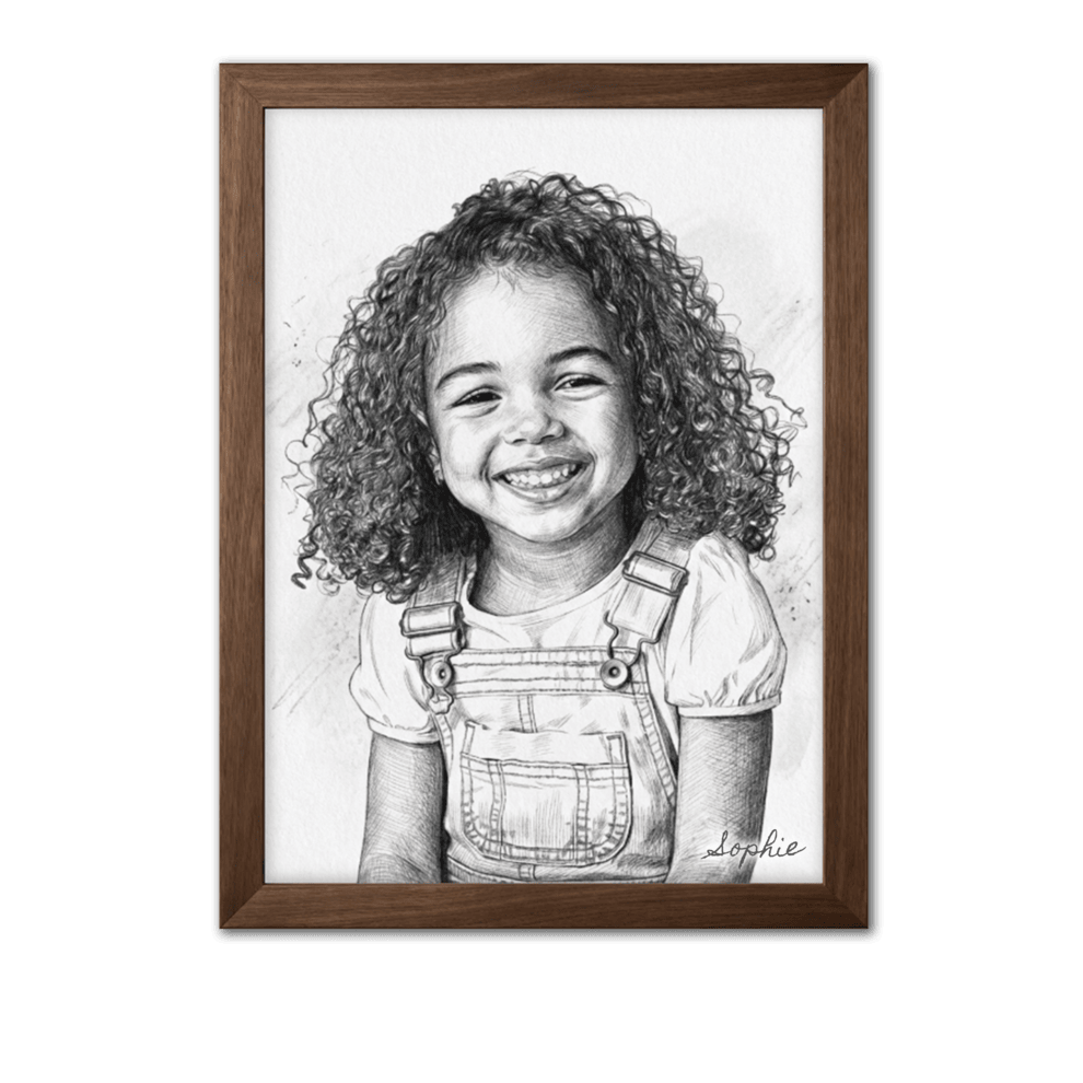 Framed black and white portrait of a smiling child with curly hair and overalls on a green background.