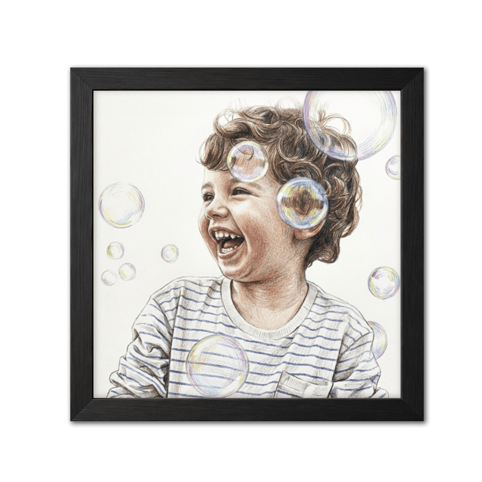 Framed artwork of a child with bubbles on a white background