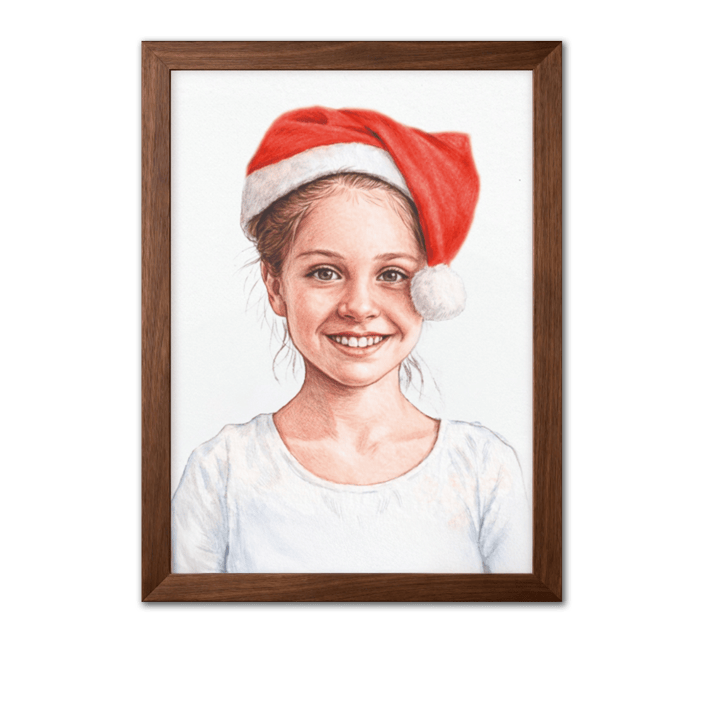 Framed portrait of a girl wearing a Santa hat on a white background