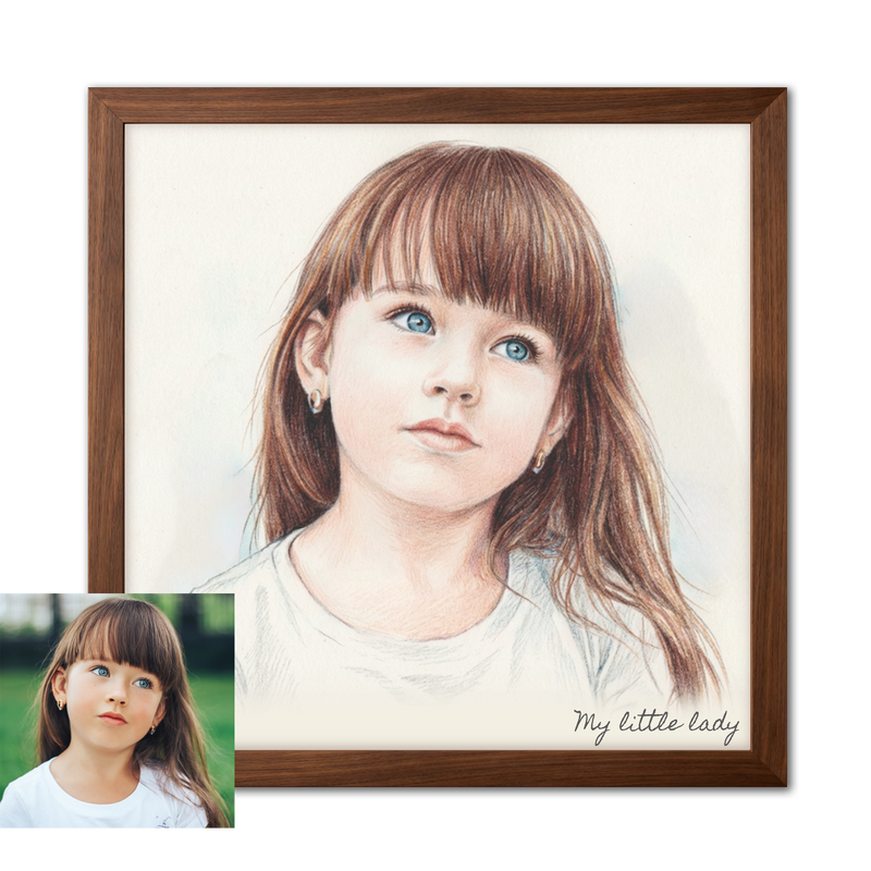 Framed artwork of a child with bubbles on a white background