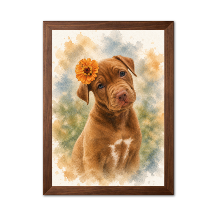Solid wood picture frame displaying artwork of a brown puppy holding a yellow flower.