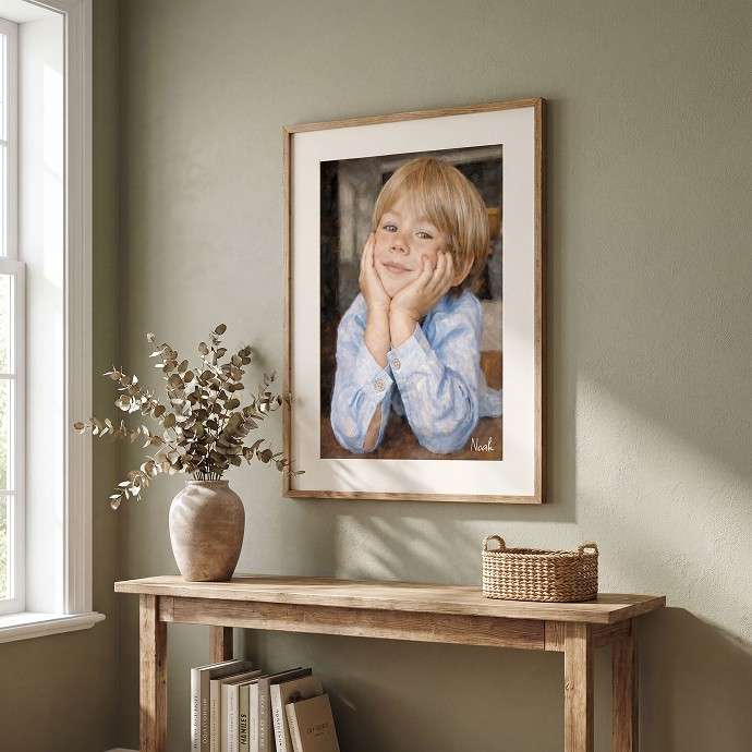 A framed custom family portrait print hanging on a sage green wall above a rustic wooden console table decorated with a vase of dried leaves and a woven basket. - Image 2