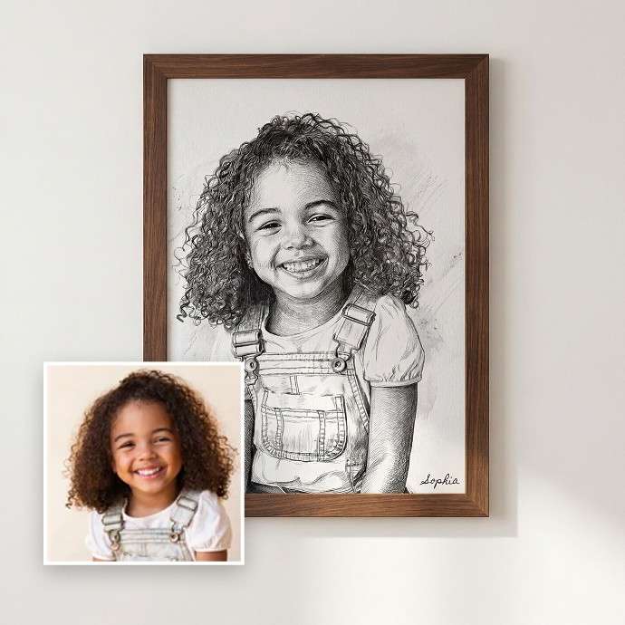 Framed black and white portrait of a smiling child with a smaller color photo of the same child next to it. - Image 1