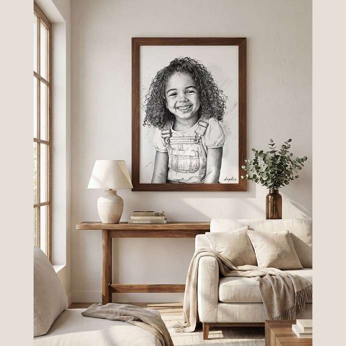 A framed black and white portrait print of a smiling girl with curly hair, displayed on a wall above a wooden console table in a styled living room setting. - Image 2
