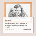 A framed black-and-white pencil-style portrait of a woman and a dog, shown above a promotional text box that reads 'Love it! Came out really nice, I was able to change a few things and I love the results!' with a five-star rating and @username. - Thumbnail 6