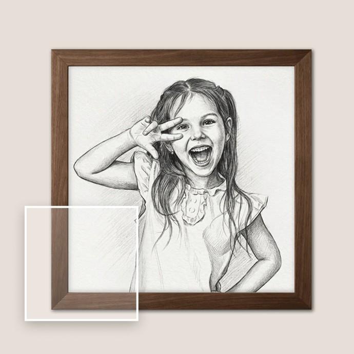 Framed black and white portrait of a young girl making a peace sign on a light pink background - Image 5