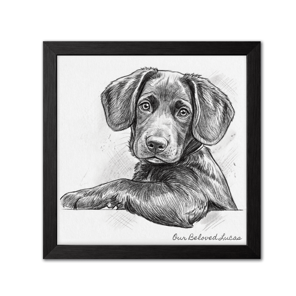 Framed black and white drawing of a puppy on a light background