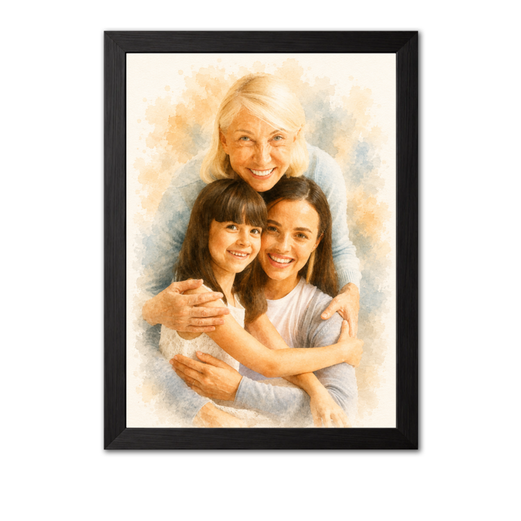 Solid wood picture frame displaying a watercolor-style family portrait of a warm embrace.