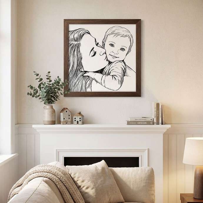 Framed black and white portrait of a woman and child above a fireplace in a living room. - Image 2