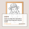A framed black-and-white portrait illustration of a child wearing a hat, shown behind a large white text overlay with a testimonial and star rating. The frame appears light wood, and the overall background is a warm light beige. - Thumbnail 5
