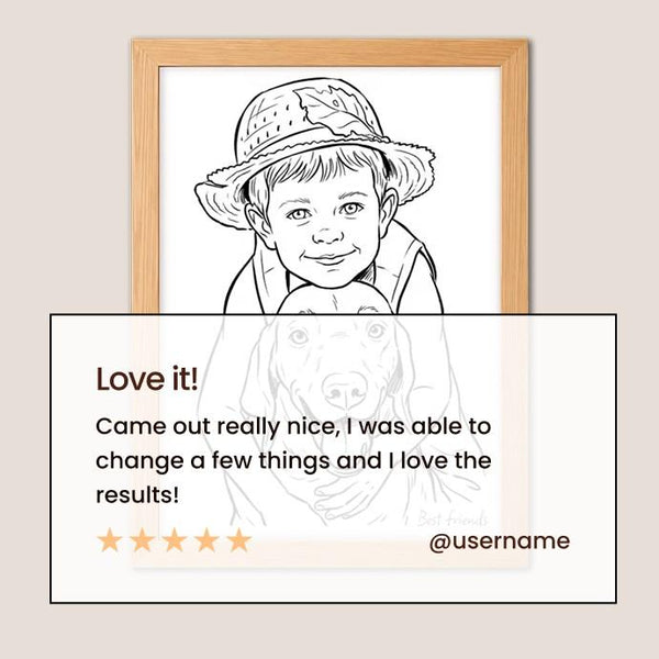 A framed black-and-white portrait illustration of a child wearing a hat, shown behind a large white text overlay with a testimonial and star rating. The frame appears light wood, and the overall background is a warm light beige. - Image 5
