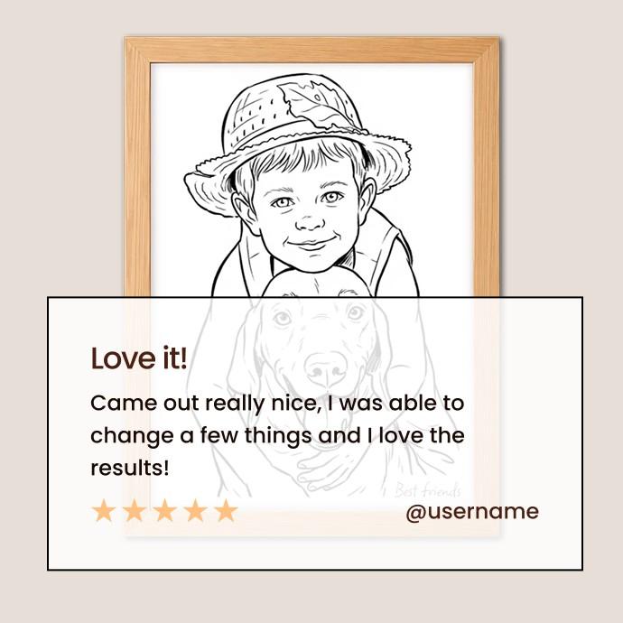 A framed black-and-white portrait illustration of a child wearing a hat, shown behind a large white text overlay with a testimonial and star rating. The frame appears light wood, and the overall background is a warm light beige. - Image 4