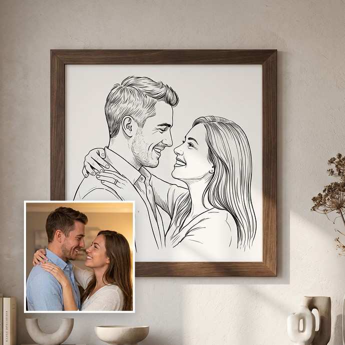 A framed black-and-white portrait sketch of a couple hangs on a beige wall above a console table. A small inset photo in the lower left shows the couple in real life, likely used to illustrate the custom artwork. - Image 5