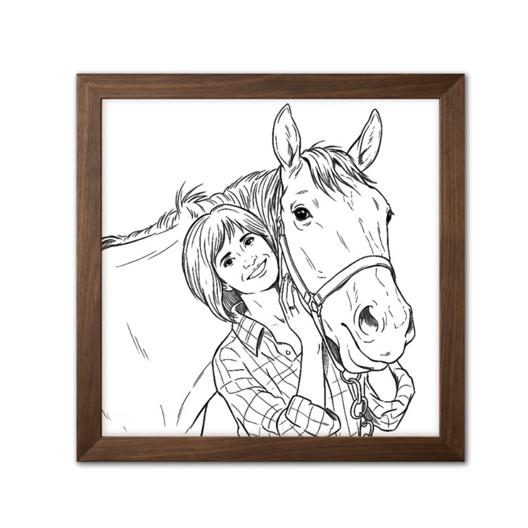 Line drawing of a woman hugging a horse with a wooden frame on a white background