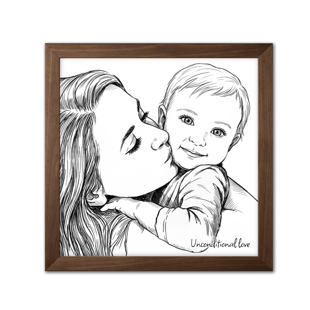 Framed black and white drawing of a woman holding a child with 'Unconditional love' text.