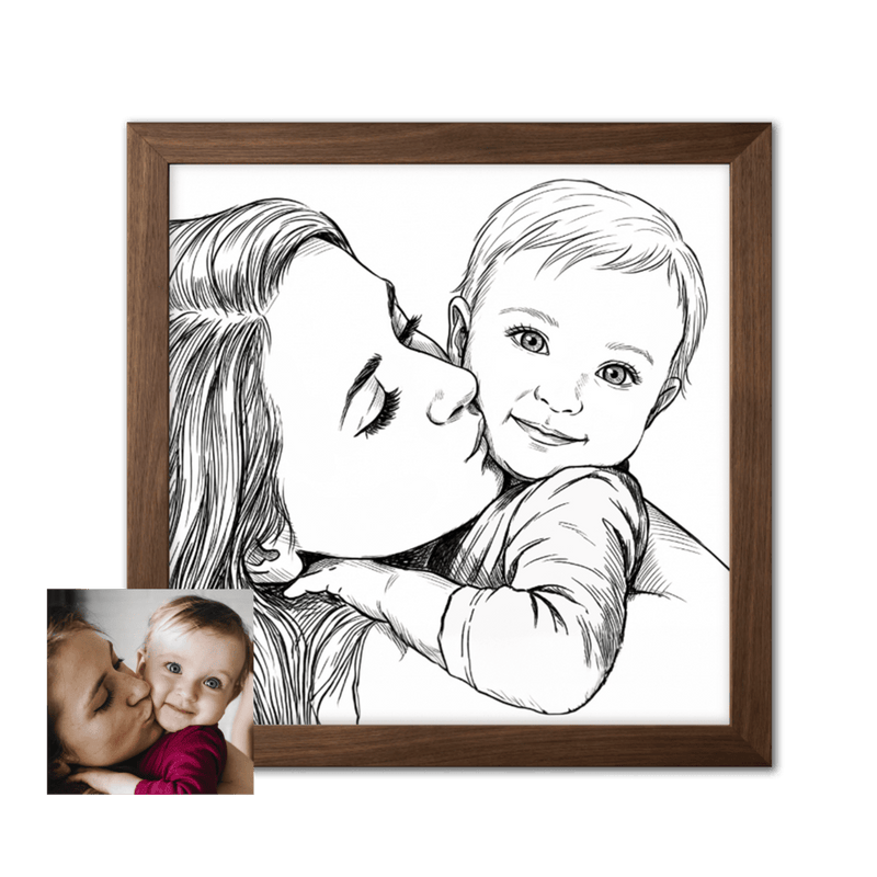 Framed black and white drawing of a woman holding a child with 'Unconditional love' text.