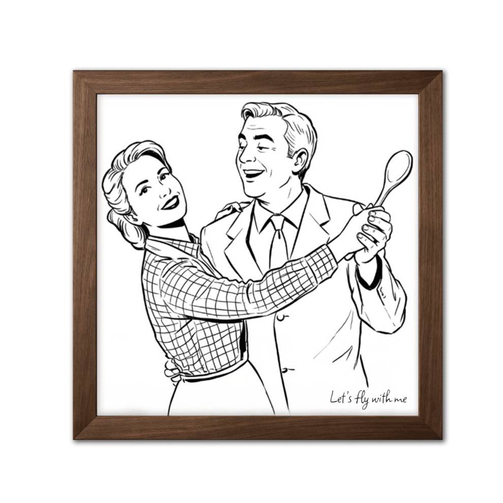 Framed black and white illustration of a couple with a spoon, on a green background