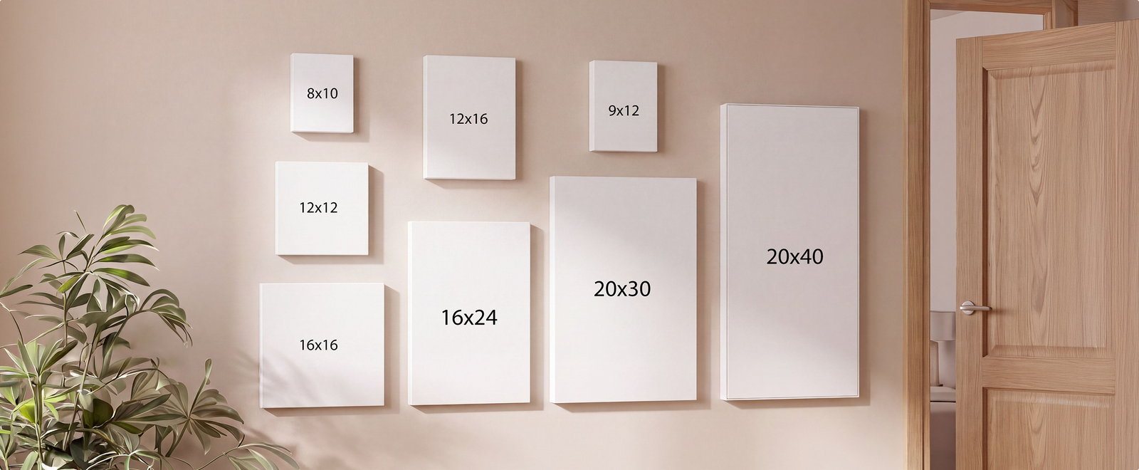 Canvas size guide showing canvas and optional float-frame dimensions
