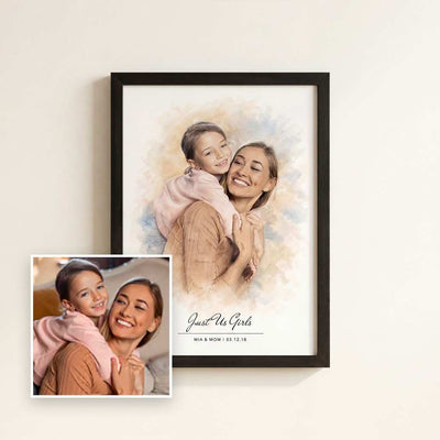 Framed portrait of a woman and child with 'Just Us Girls' text on a light background