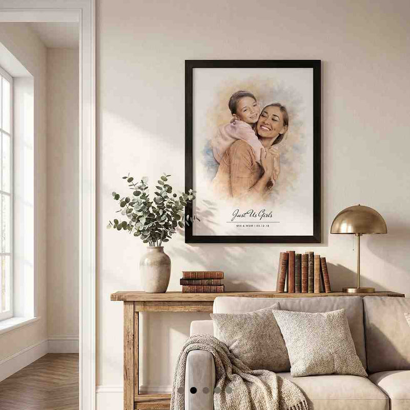Framed portrait of two women hugging on a wall in a living room. - Image 2