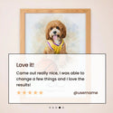 Framed picture of a dog wearing a yellow shirt with a text overlay and five-star rating. - Thumbnail 4