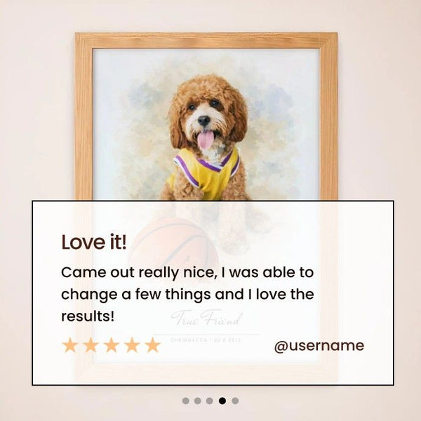 Framed picture of a dog wearing a yellow shirt with a text overlay and five-star rating. - Image 4