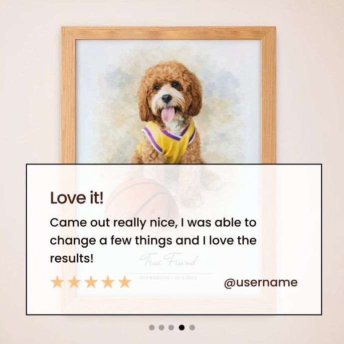Framed picture of a dog wearing a yellow shirt with a text overlay and five-star rating. - Image 4
