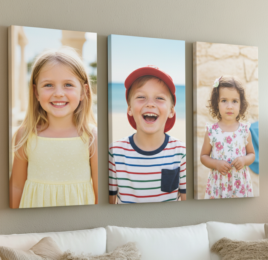 Three custom canvas prints featuring children's portraits displayed above a sofa in a bright, modern living room.