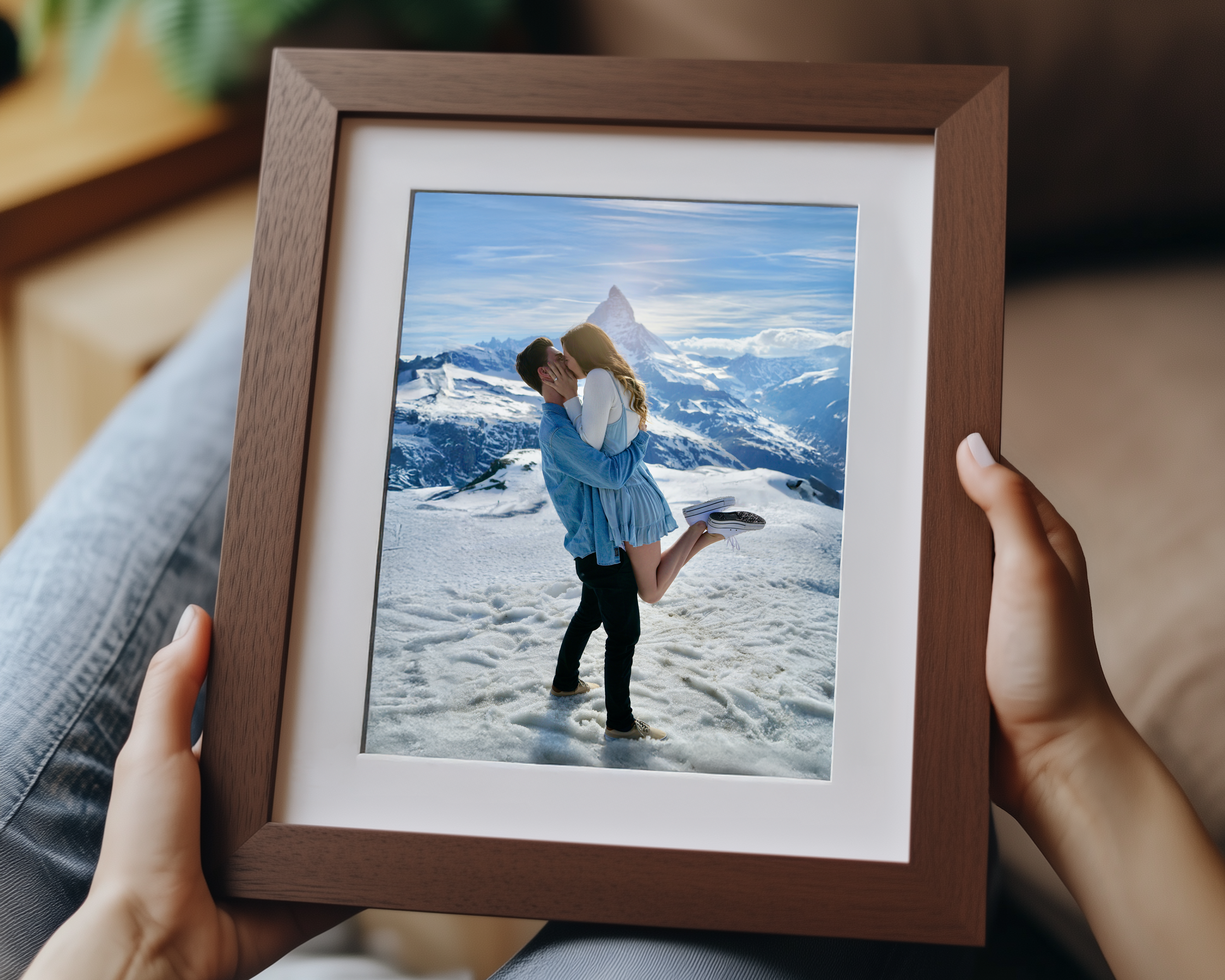 Solid walnut wooden picture frame displaying a personalized couple photo with a white mat.