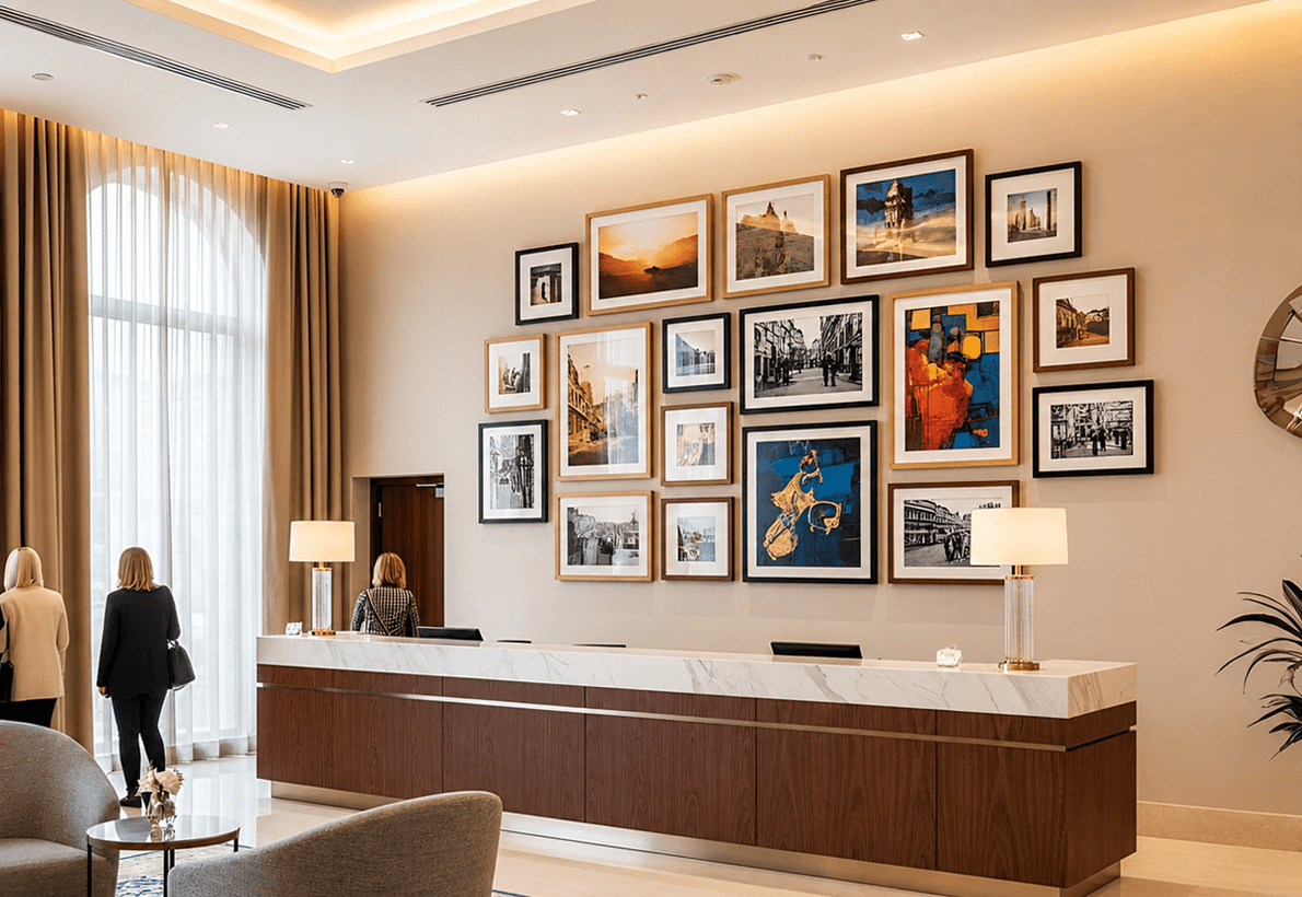 Modern reception area featuring a large custom gallery wall with wooden picture frames in a bright, contemporary space.