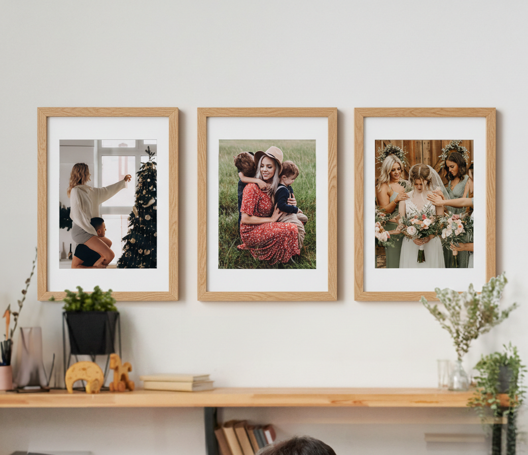 Three oak wood picture frames displaying family moments in a bright, modern home.