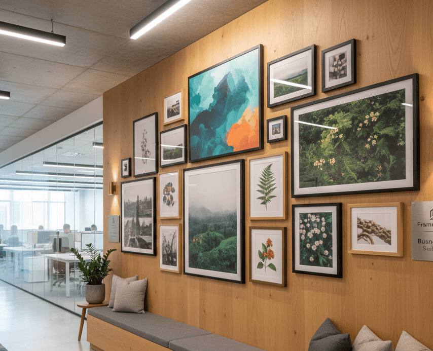Gallery wall featuring solid wood picture frames in an office reception area.