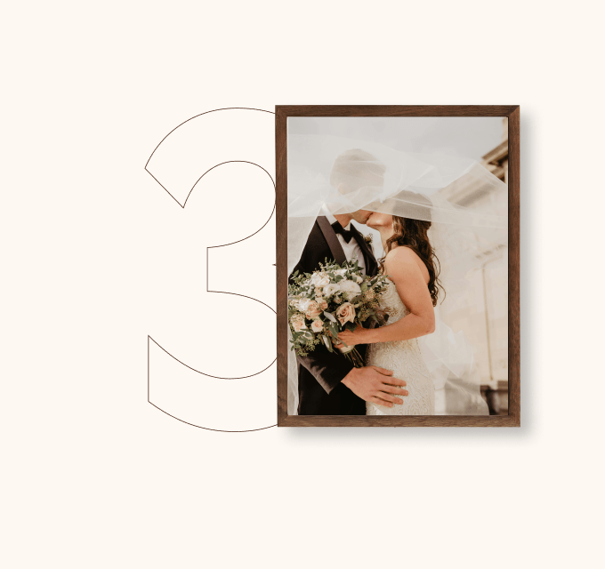 Wedding photo printed with archival inks on premium photo paper in a walnut picture frame.