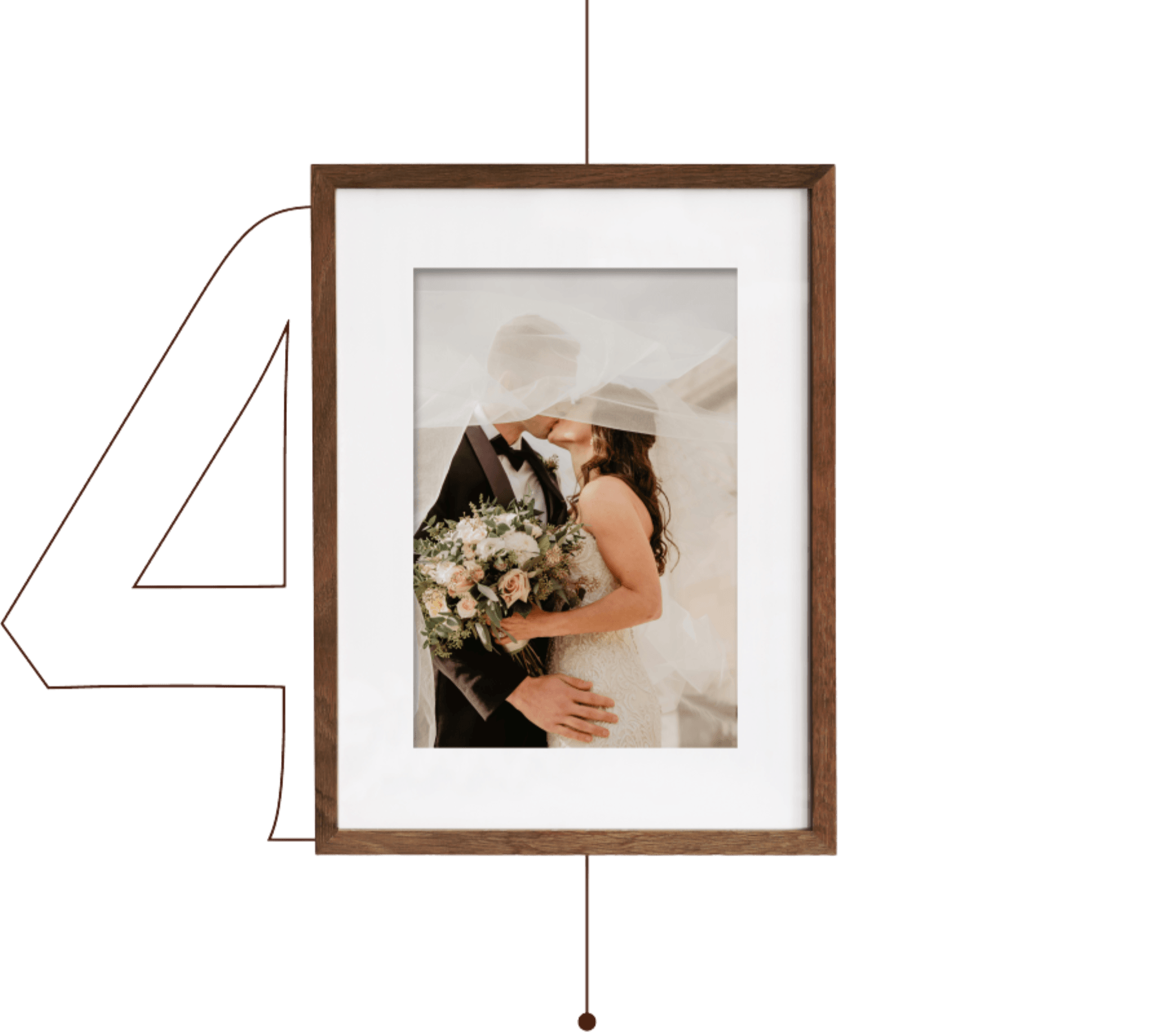 Wooden picture frame with an acid-free white mat board surrounding a wedding photo print.