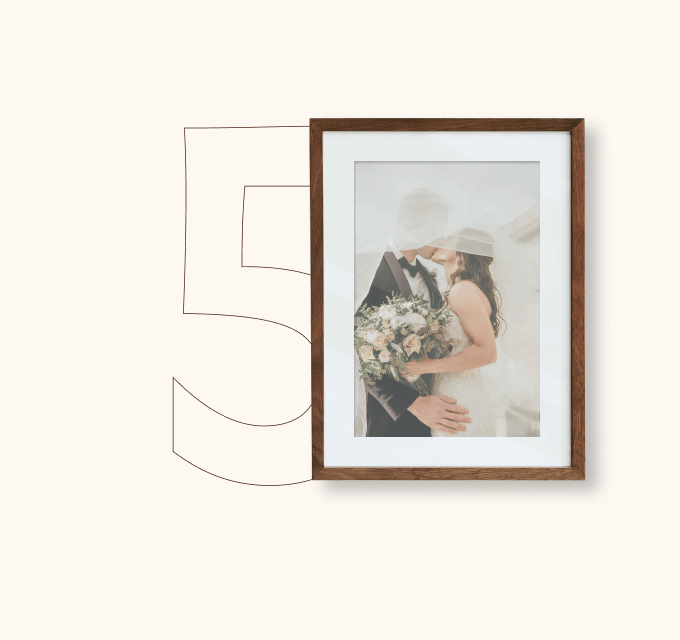 Wedding photo in a wooden picture frame with a crystal-clear acrylic overlay for lasting protection.