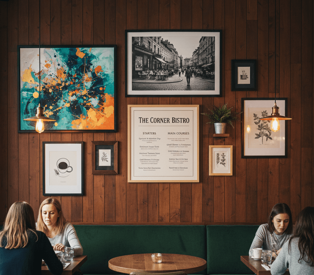 Restaurant dining area featuring a gallery wall with solid wood picture frames and framed artwork.