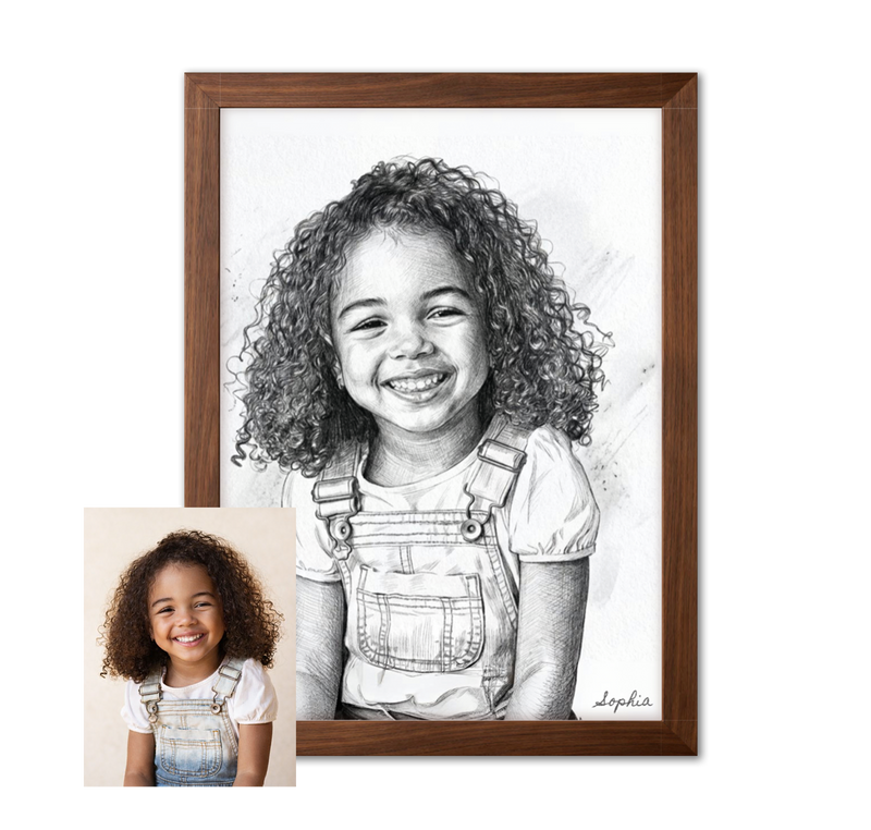Framed black and white portrait of a smiling child with curly hair and overalls on a green background.
