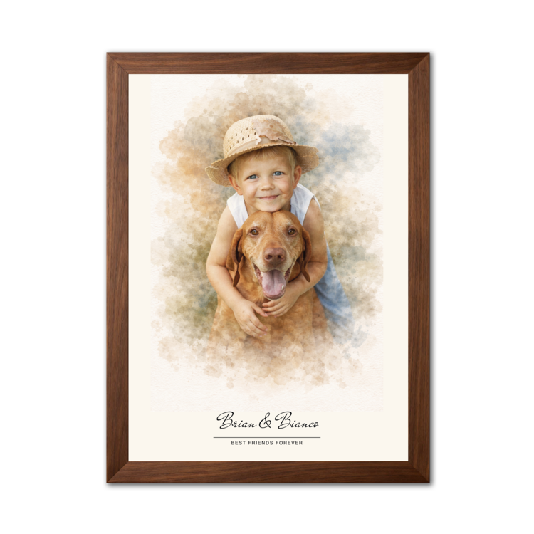 Framed artwork of a boy with a dog, labeled 'Best Friends Forever'.